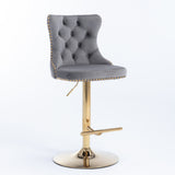 2x Height Adjustable Swivel Bar Stool Velvet Studs Barstool with Footrest and Golden Base- Grey - Front View