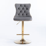 2x Height Adjustable Swivel Bar Stool Velvet Studs Barstool with Footrest and Golden Base- Grey - Side View
