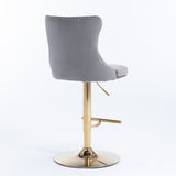 2x Height Adjustable Swivel Bar Stool Velvet Studs Barstool with Footrest and Golden Base- Grey - Extra Image
