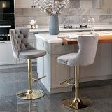 2x Height Adjustable Swivel Bar Stool Velvet Studs Barstool with Footrest and Golden Base- Grey - Extra Image