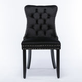 2x Velvet Dining Chairs Upholstered Tufted Kithcen Chair with Solid Wood Legs Stud Trim and Ring-Black - Side View