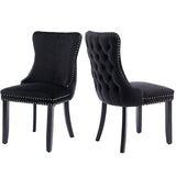 8x Velvet Upholstered Dining Tufted Chairs with Studs Trim and Solid Wood Legs-Black - Front View