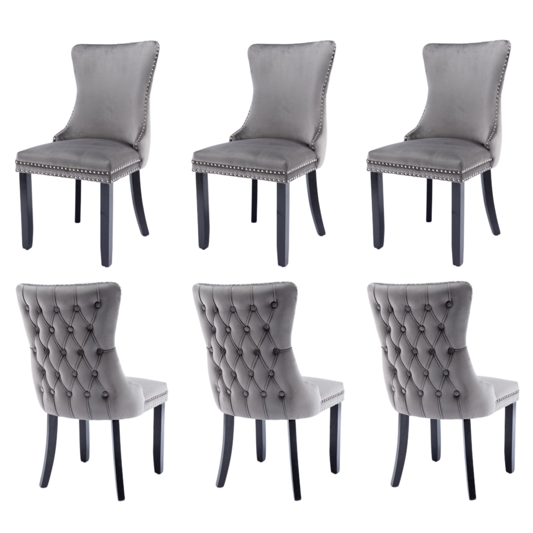 6x Velvet Upholstered Dining Chairs Tufted Wingback Side Chair with Studs Trim Solid Wood Legs for K