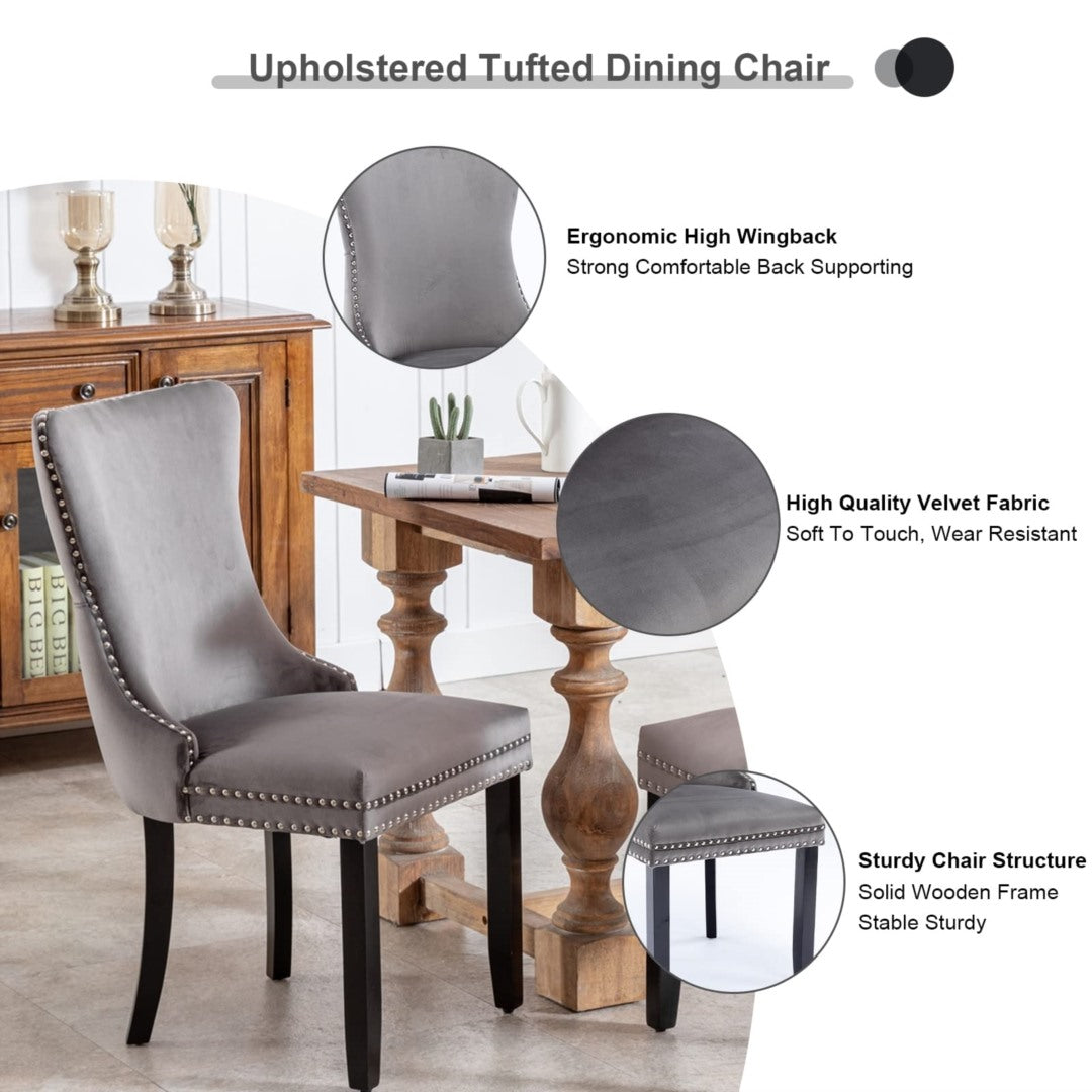 6x Velvet Upholstered Dining Chairs Tufted Wingback Side Chair with Studs Trim Solid Wood Legs for K