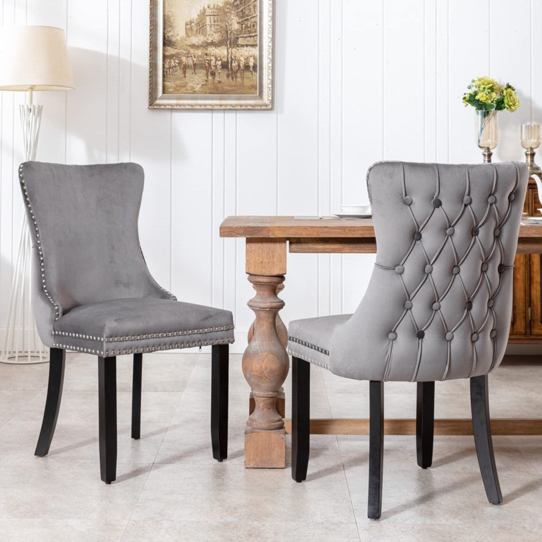 6x Velvet Upholstered Dining Chairs Tufted Wingback Side Chair with Studs Trim Solid Wood Legs for K