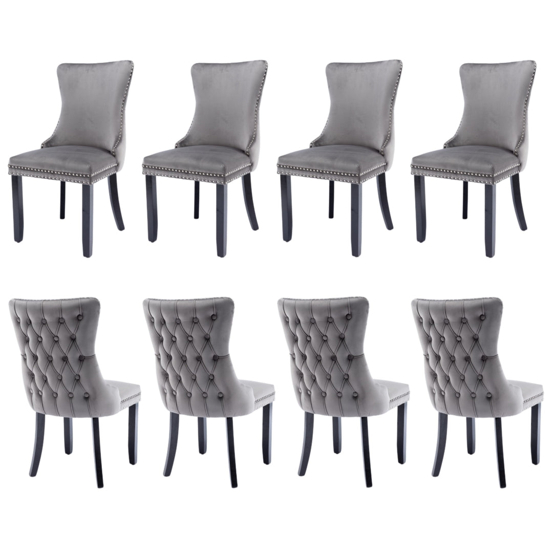 8x Velvet Upholstered Dining Chairs Tufted Wingback Side Chair with Studs Trim Solid Wood Legs for K