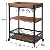 EKKIO 3 Tiers Kitchen Serving Wine Cart Trolley with Wine Rack (Walnut) - Front View