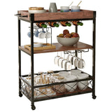 EKKIO 3 Tiers Kitchen Serving Wine Cart Trolley with Wine Rack (Walnut) - Side View