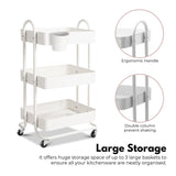 EKKIO Kitchen Trolley Cart 3 Tier (White) - 45-Degree Angle