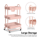 EKKIO Kitchen Trolley Cart 3 Tier (Pink) - 45-Degree Angle