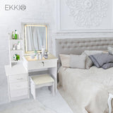 EKKIO Dressing Table White LED Mirror + Stool - Low Angle