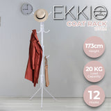 EKKIO 12 Hook Metal Coat Rack Stand with 3-Tier Hat Hanger (White) - Front View
