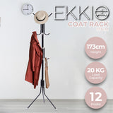 EKKIO 12 Hook Metal Coat Rack Stand with 3-Tier Hat Hanger (Black) - Front View