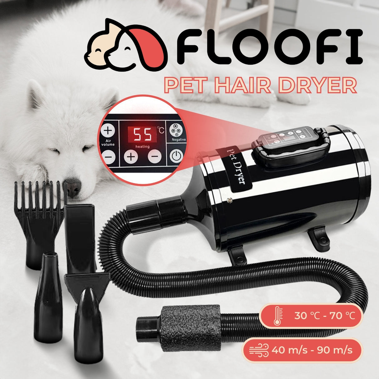 FLOOFI Professional Pet Grooming Hair Dryer with LCD Display (Black)