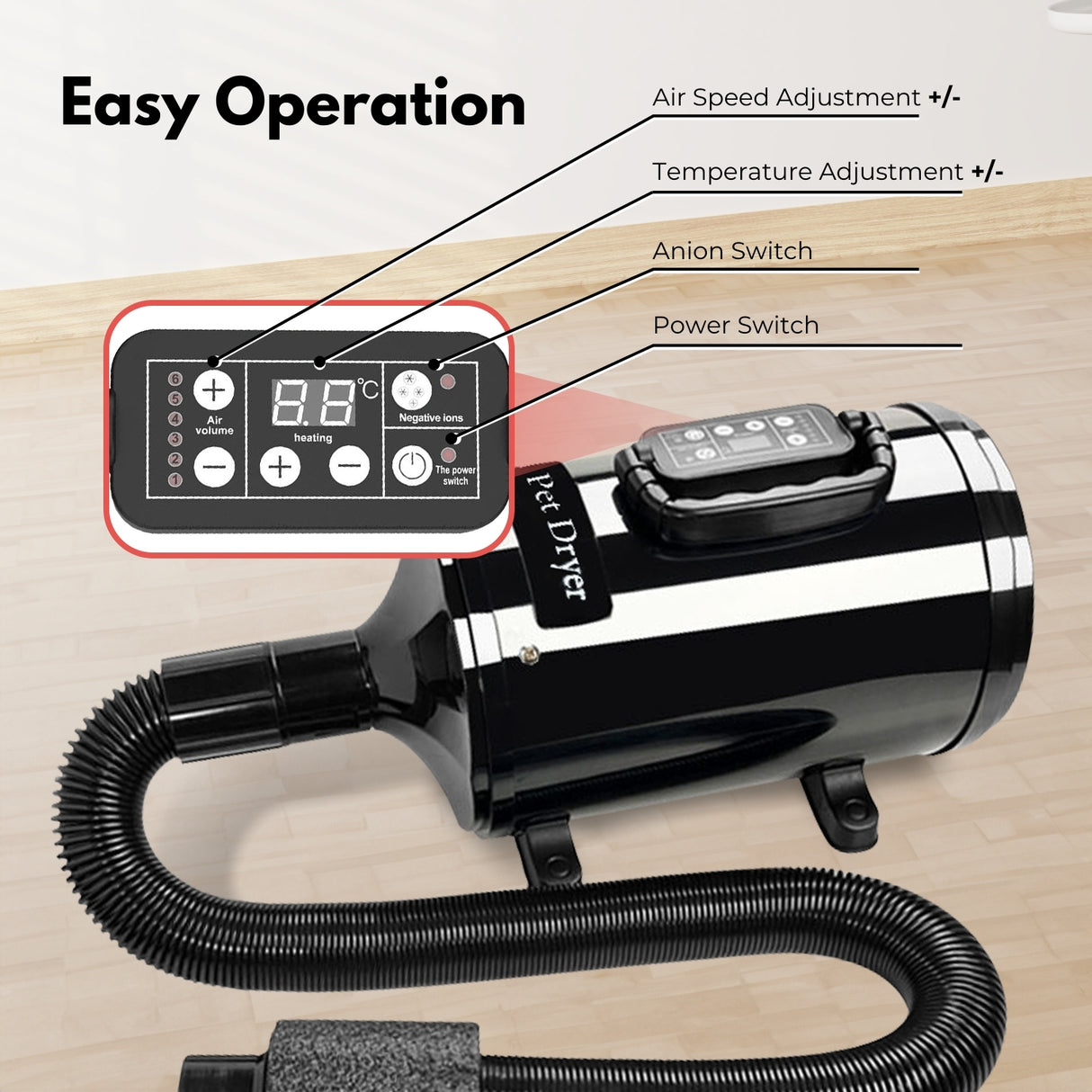 FLOOFI Professional Pet Grooming Hair Dryer with LCD Display (Black)