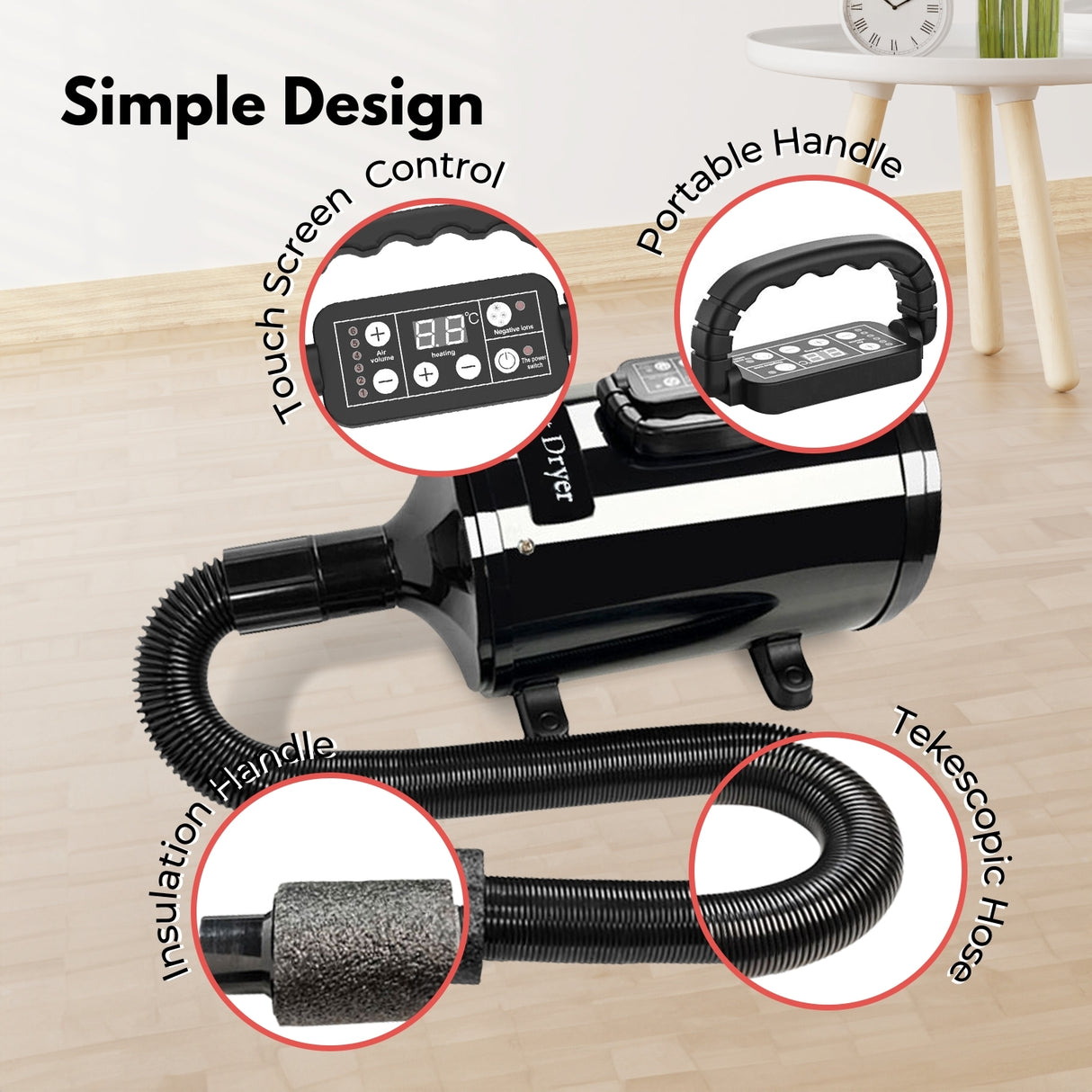 FLOOFI Professional Pet Grooming Hair Dryer with LCD Display (Black)