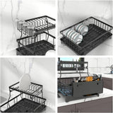 Gominimo 2 Tier Dish Drying Rack with Drain Board and Drip Tray Kitchen Counter - Rear View