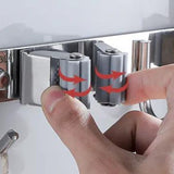 GOMINIMO Stainless Steel Broom Mop Holder Wall Mount with 3 Racks 4 Hooks (Grey) - 45-Degree Angle