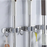 GOMINIMO Stainless Steel Broom Mop Holder Wall Mount with 3 Racks 4 Hooks (Grey) - Low Angle