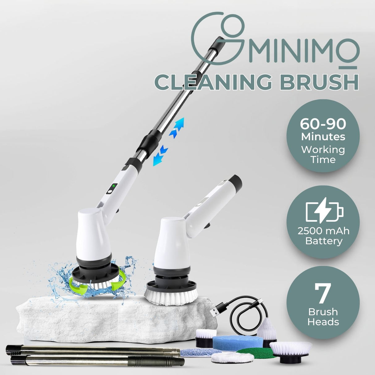 GOMINIMO Wireless Electric Scrubbing Tool with 7 Interchangeable Brush Attachments (White)