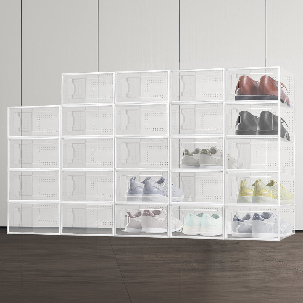 Premium 24-Pack White Plastic Shoe Organizer with Transparent Doors