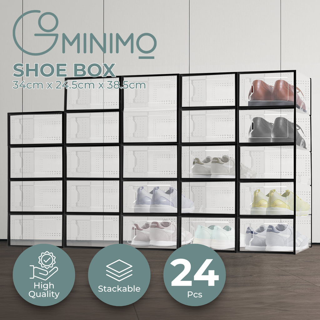Premium 24-Pack Black Transparent Shoe Storage Boxes - GOMINIMO