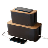 Set of Two Black Cable Management Boxes with Stylish Bamboo Lids