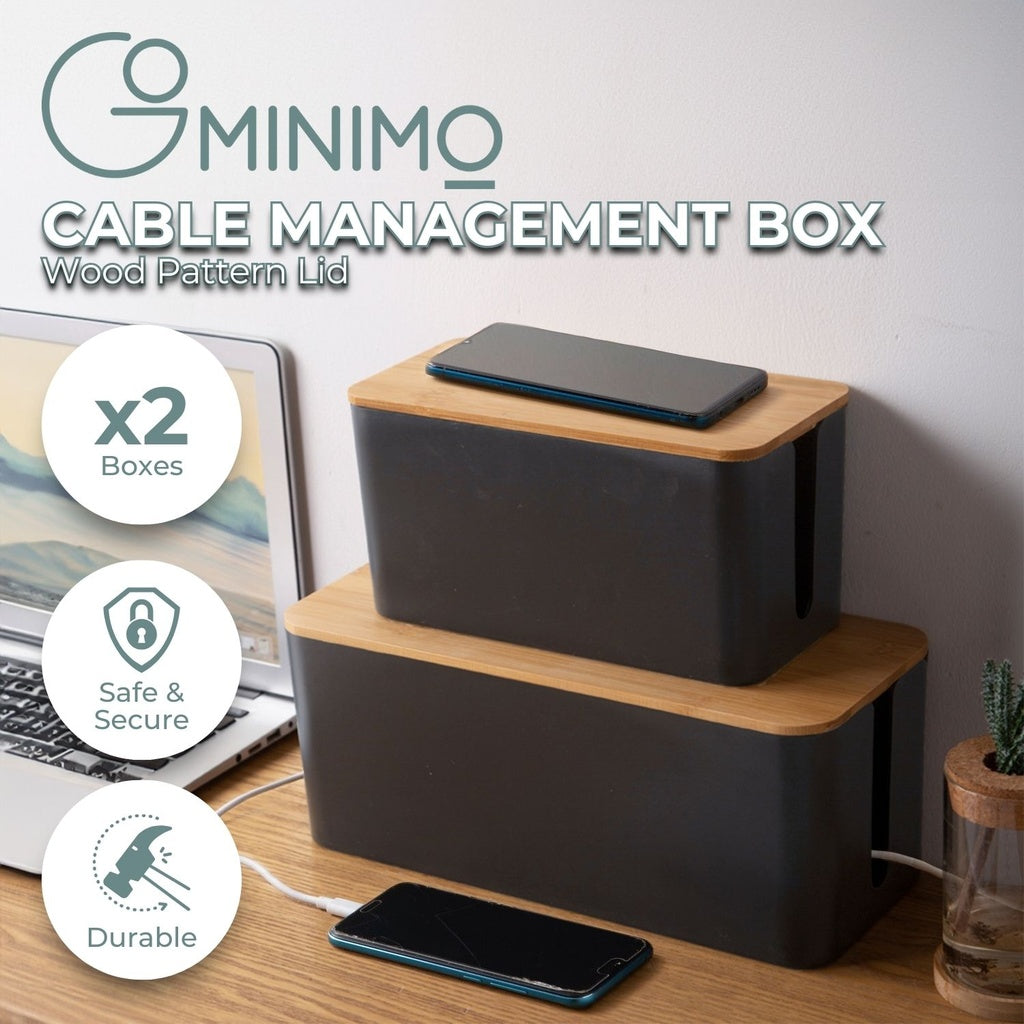 Set of Two Black Cable Management Boxes with Stylish Bamboo Lids