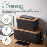 Set of Two Black Cable Management Boxes with Stylish Bamboo Lids - Front View