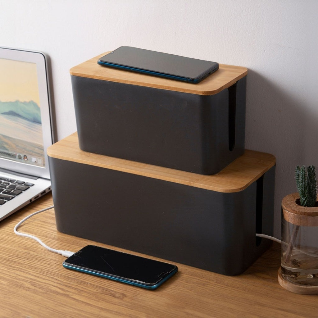 Set of Two Black Cable Management Boxes with Stylish Bamboo Lids