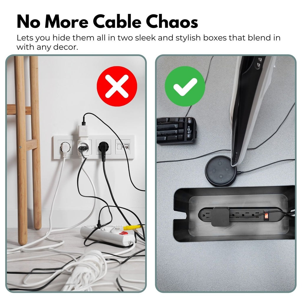 Set of Two Black Cable Management Boxes with Stylish Bamboo Lids