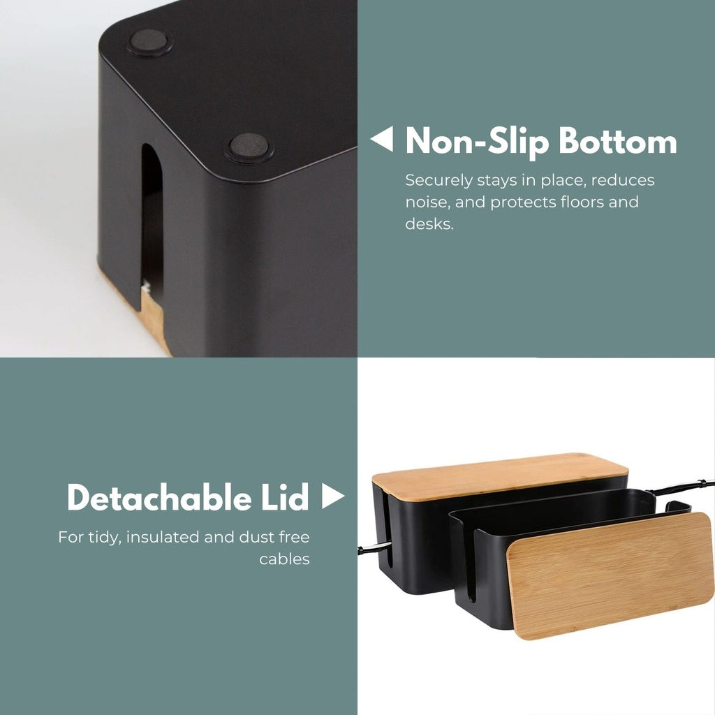 Set of Two Black Cable Management Boxes with Stylish Bamboo Lids