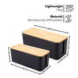 Set of Two Black Cable Management Boxes with Stylish Bamboo Lids - Close-Up Angle
