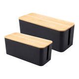 Set of Two Black Cable Management Boxes with Stylish Bamboo Lids - Low Angle