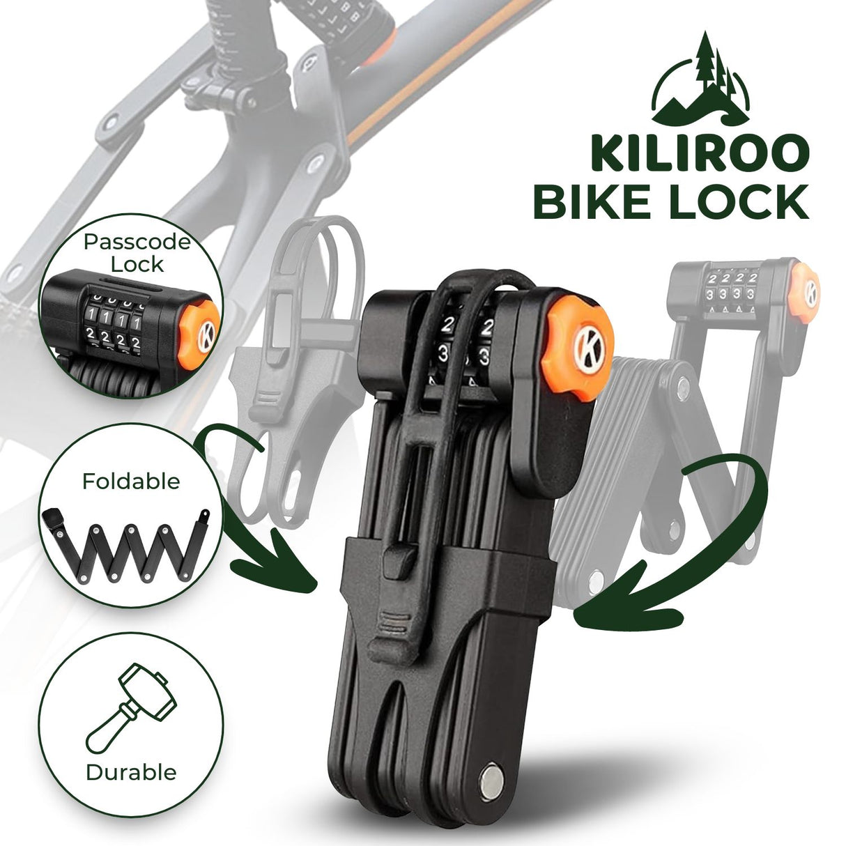 KILIROO Portable Bike Security Folding Lock with 4-Digit Code (Black)