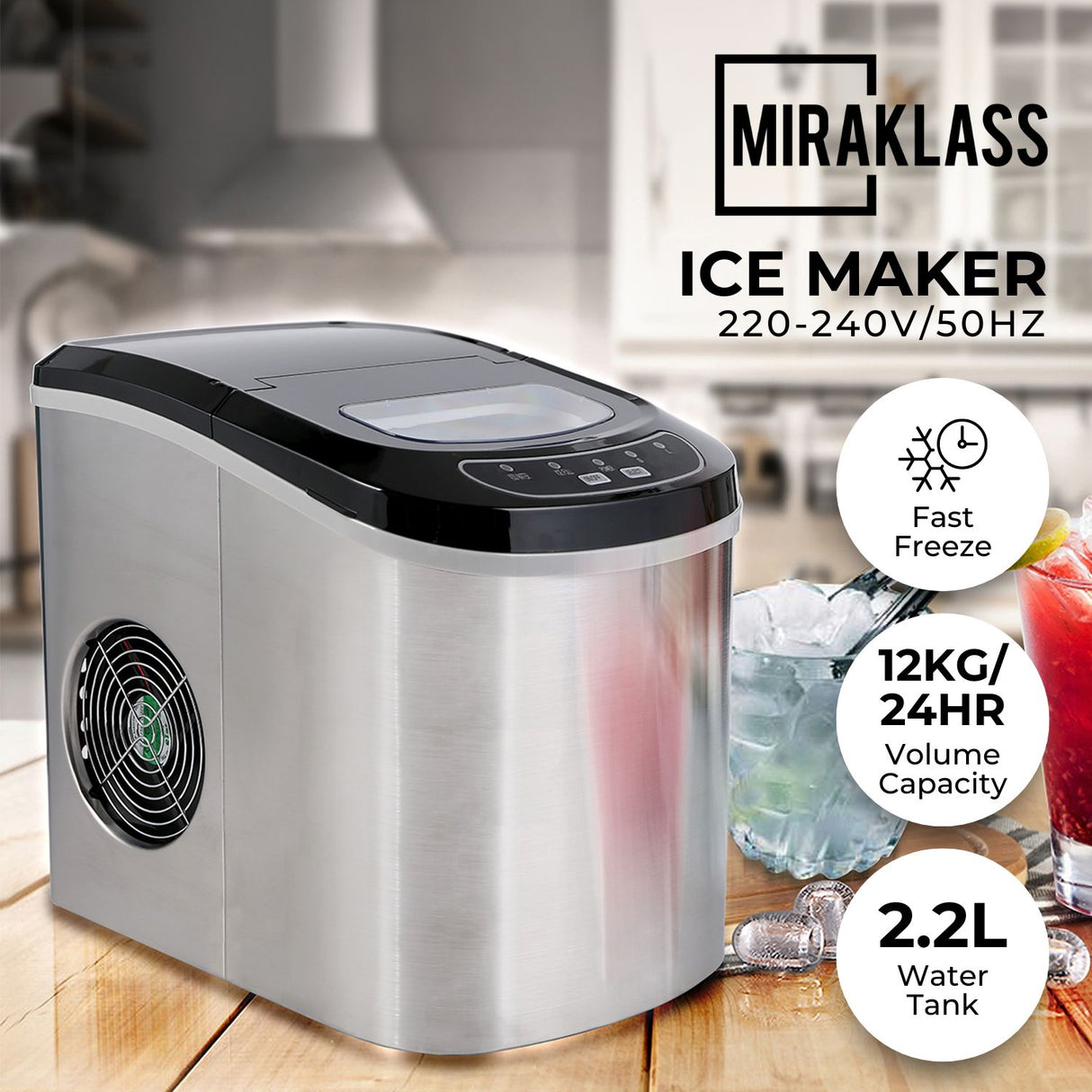 Miraklass Compact Stainless Steel Ice Maker with 2.2L Capacity