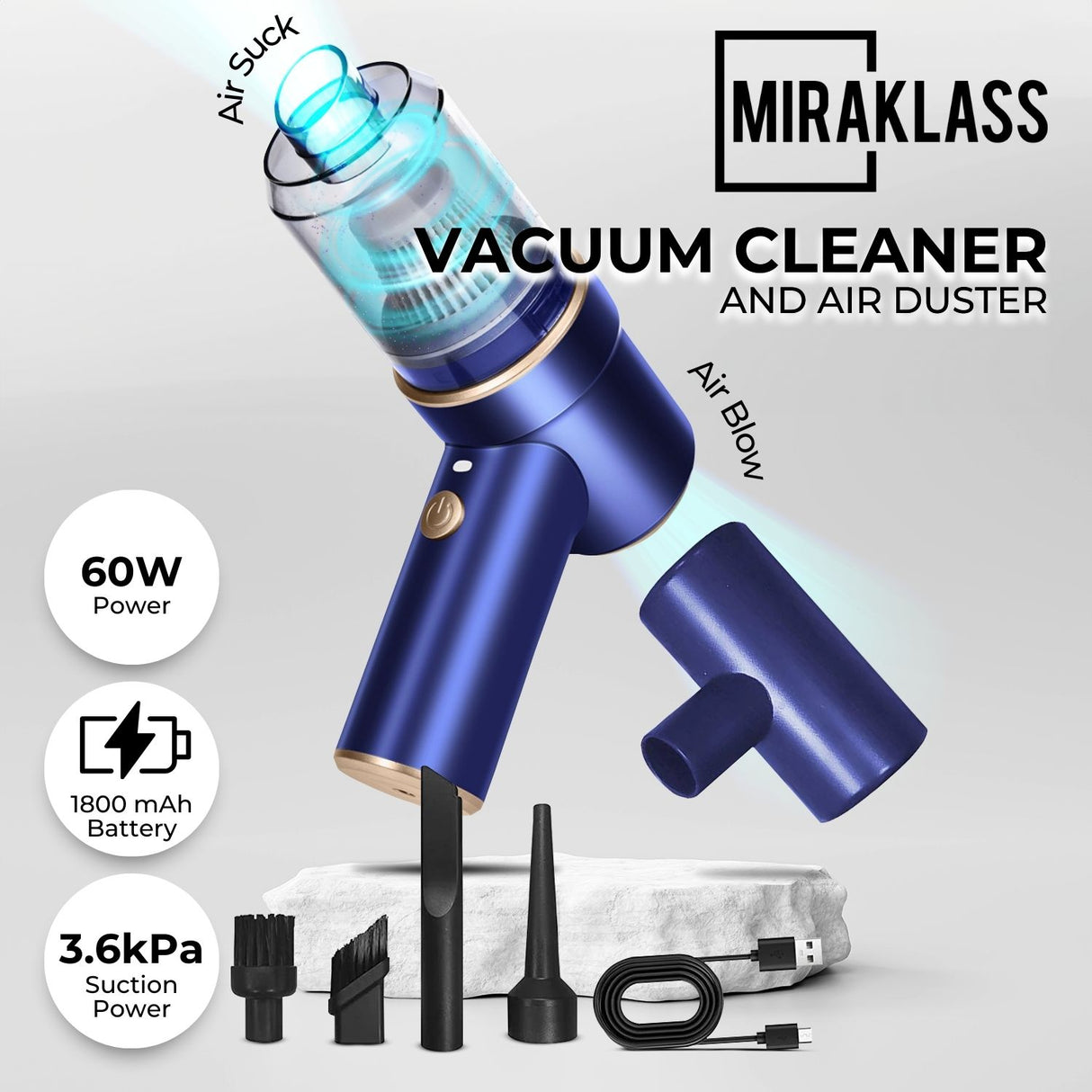 MIRAKLASS 45000RPM Cordless Rechargeable Air Duster & Car Vacuum Cleaner - Navy Blue