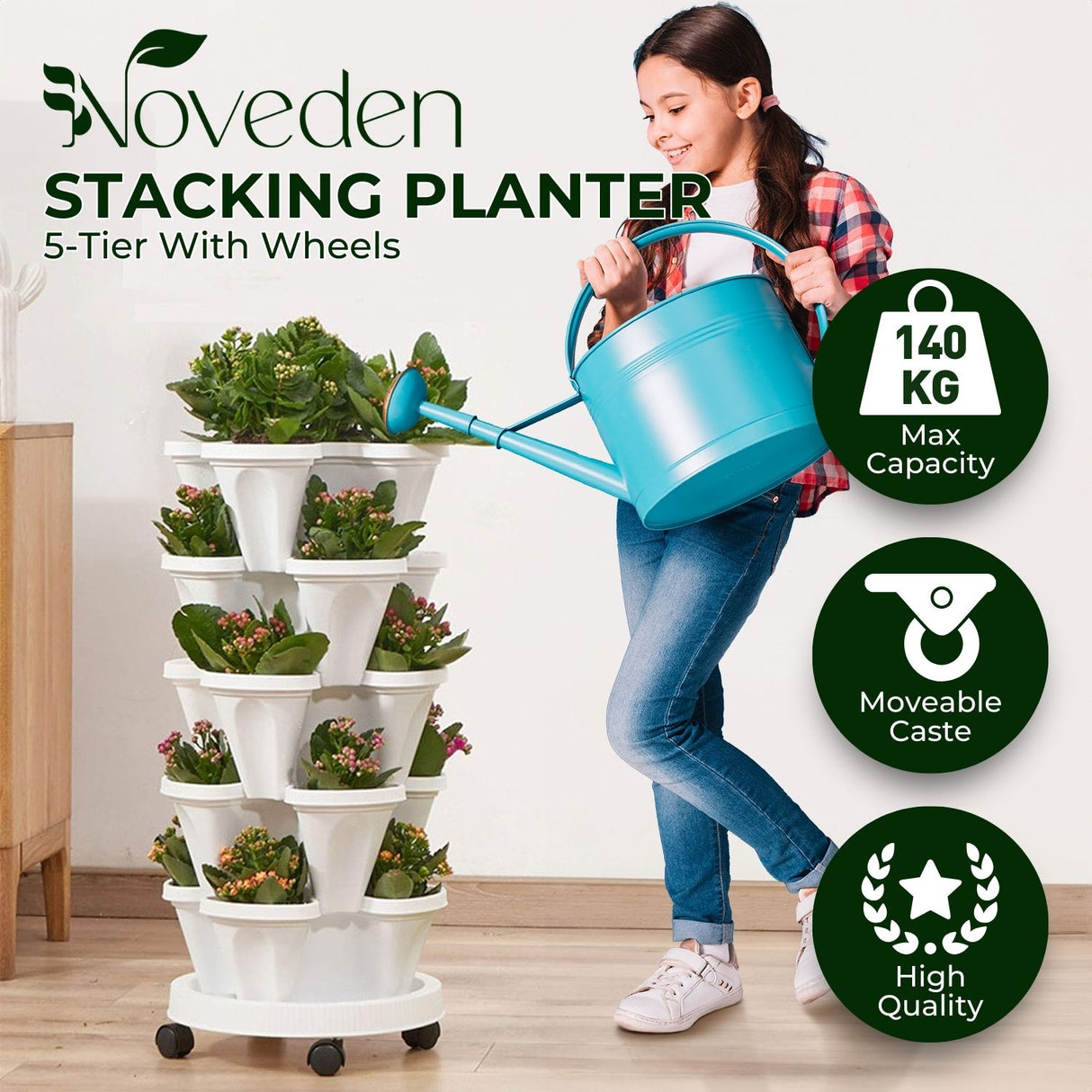 NOVEDEN 5 Tier Stacking Planter Vertical Garden with Heavy Duty Trolley Wheels (45cm)