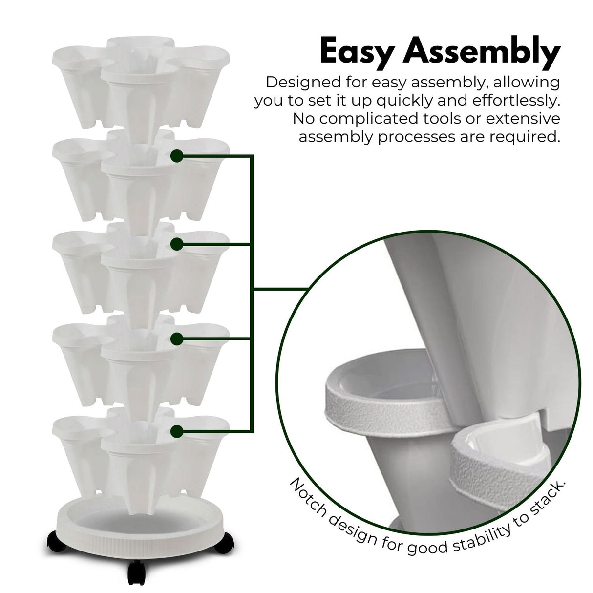 NOVEDEN 5 Tier Stacking Planter Vertical Garden with Heavy Duty Trolley Wheels (45cm)