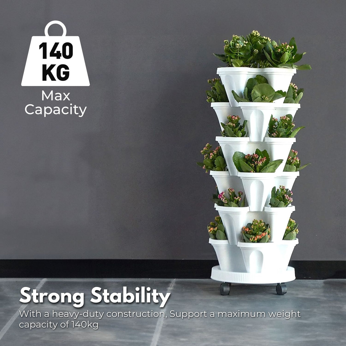 NOVEDEN 5 Tier Stacking Planter Vertical Garden with Heavy Duty Trolley Wheels (45cm)