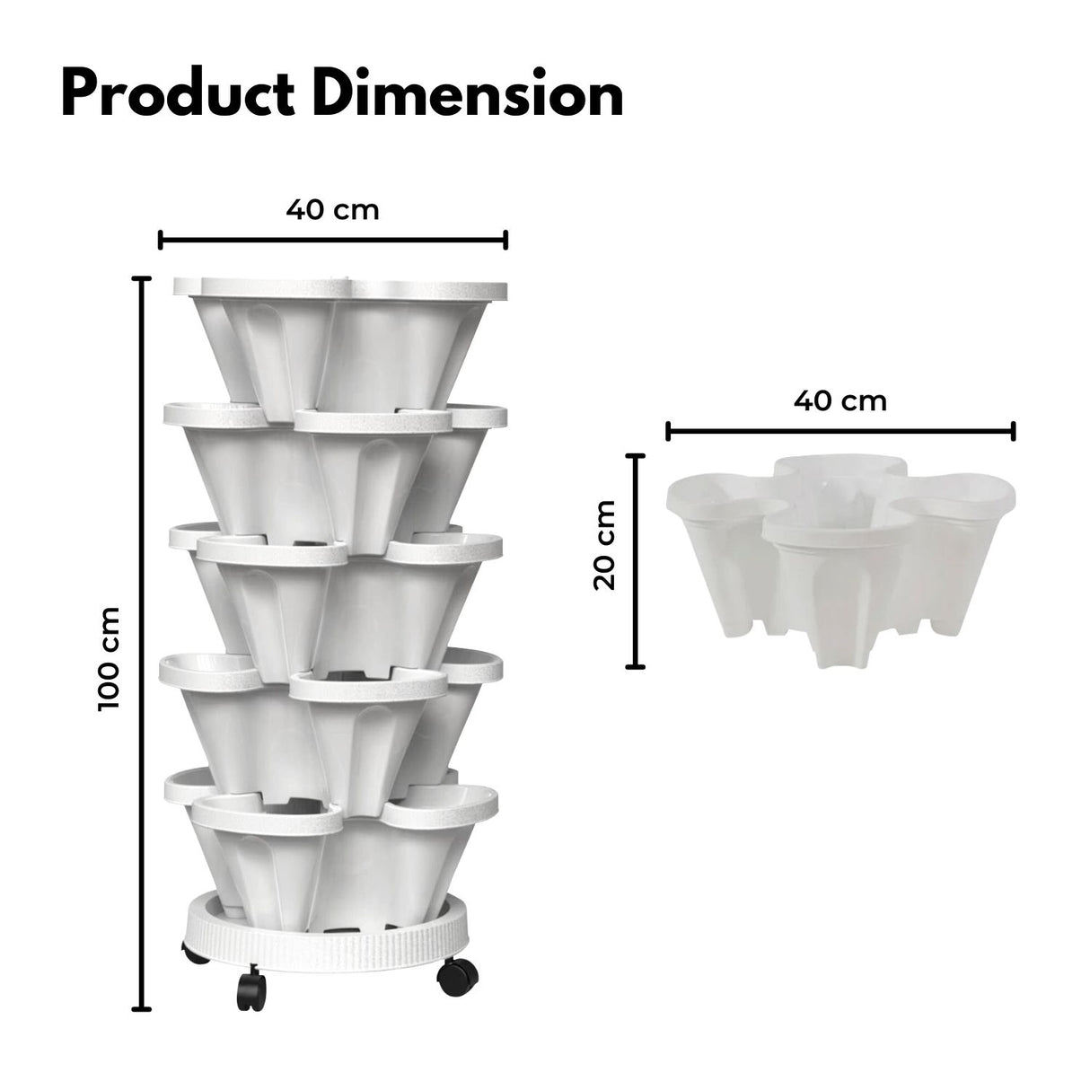 NOVEDEN 5 Tier Stacking Planter Vertical Garden with Heavy Duty Trolley Wheels (45cm)