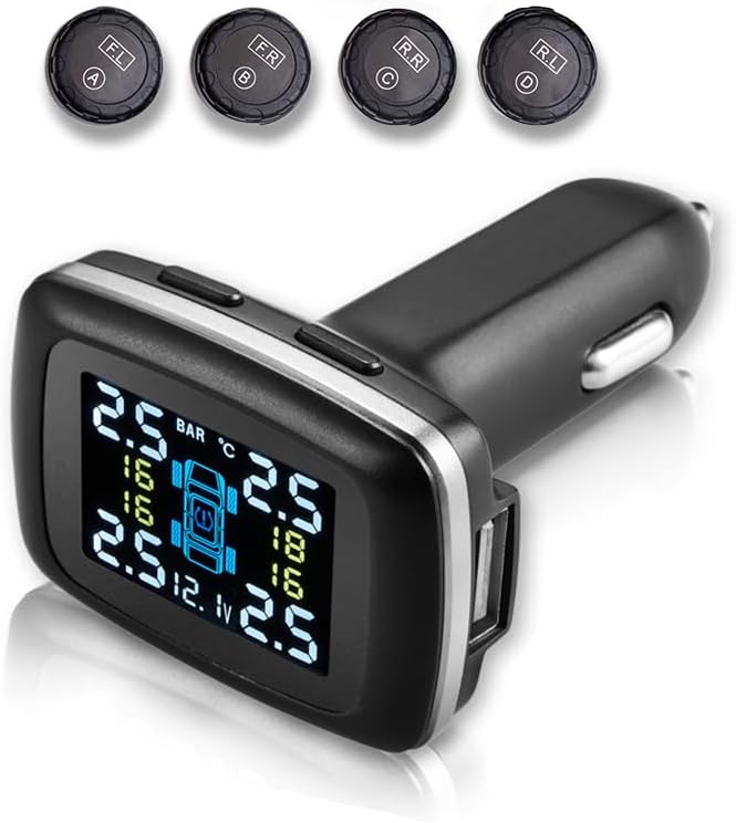 RYNOMATE 4-Sensor External Tire Pressure Monitoring System with LCD Display and Cigarette Lighter Charging
