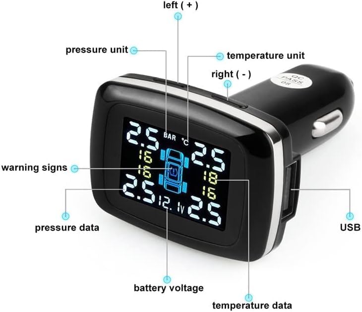 RYNOMATE 4-Sensor External Tire Pressure Monitoring System with LCD Display and Cigarette Lighter Charging
