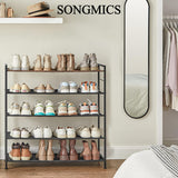 SONGMICS 5 Tier Shoe Rack Storage Organizer for 20-25 Pairs with 4 Hooks Rustic Brown LMR035B01 - Low Angle