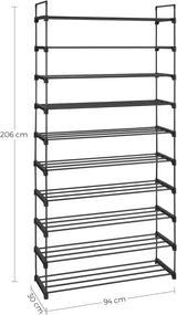 SONGMICS 10 Tier Metal Shoe Rack for 50 Pairs of Shoes Black - Side View