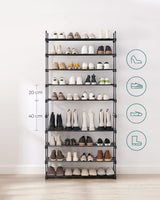 SONGMICS 10 Tier Metal Shoe Rack for 50 Pairs of Shoes Black - 45-Degree Angle