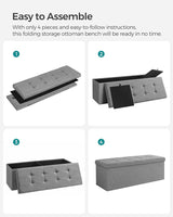 Elegant Light Grey Storage Ottoman Bench with 120L Capacity - Rear View