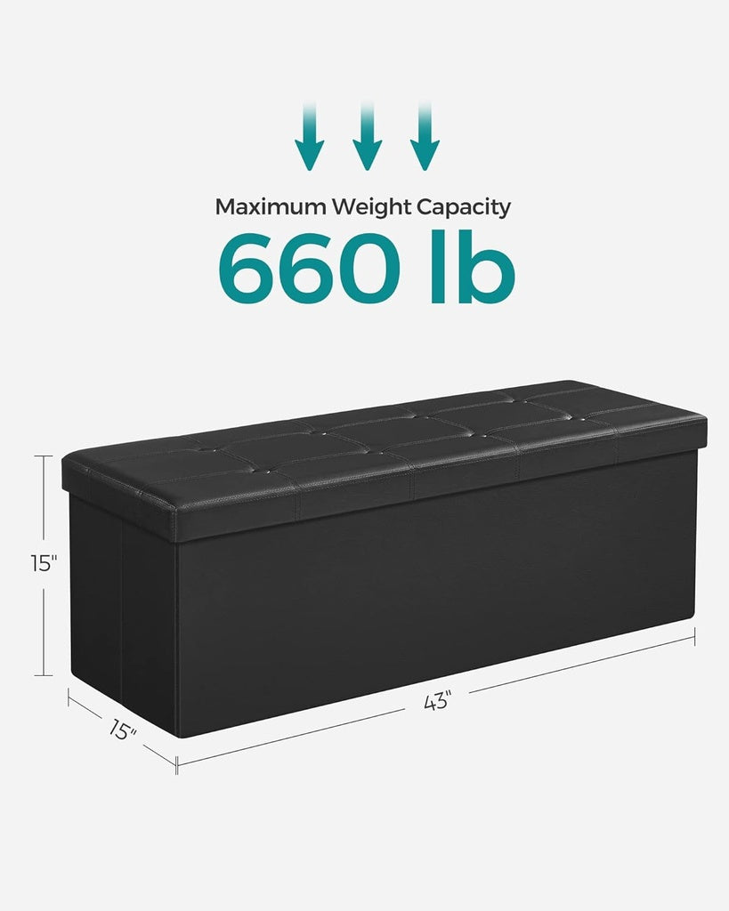 SONGMICS 43-Inch Black Folding Storage Ottoman Bench with 660 lb Capacity