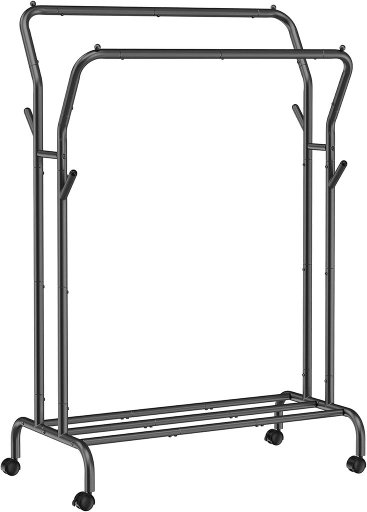SONGMICS Heavy-Duty Dual Rail Clothing Rack with Wheels and Shelf - Black HSR107B01V1