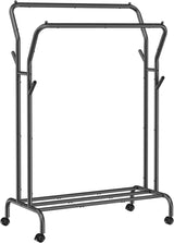 SONGMICS Heavy-Duty Dual Rail Clothing Rack with Wheels and Shelf - Black HSR107B01V1